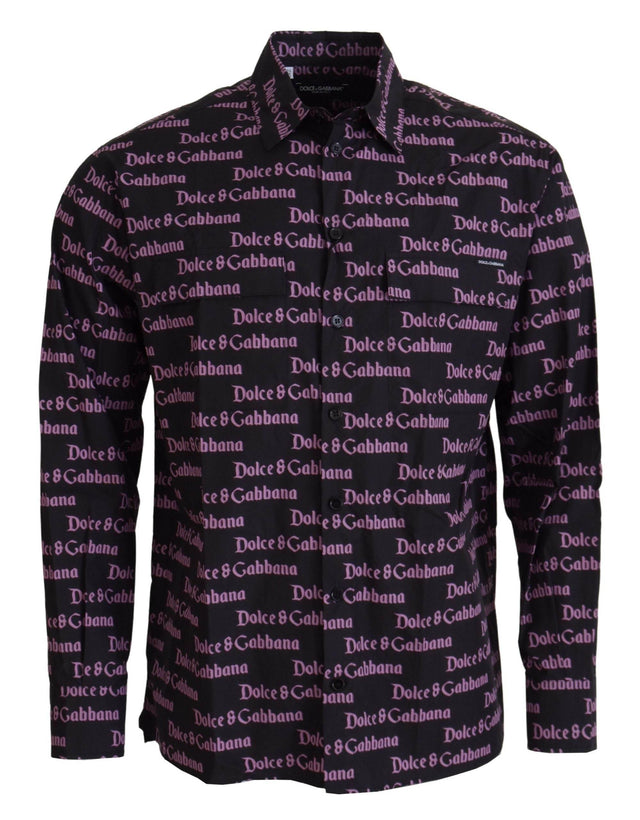 Dolce & Gabbana Black Purple Logo Slim Dress Formal Shirt - Hilstor