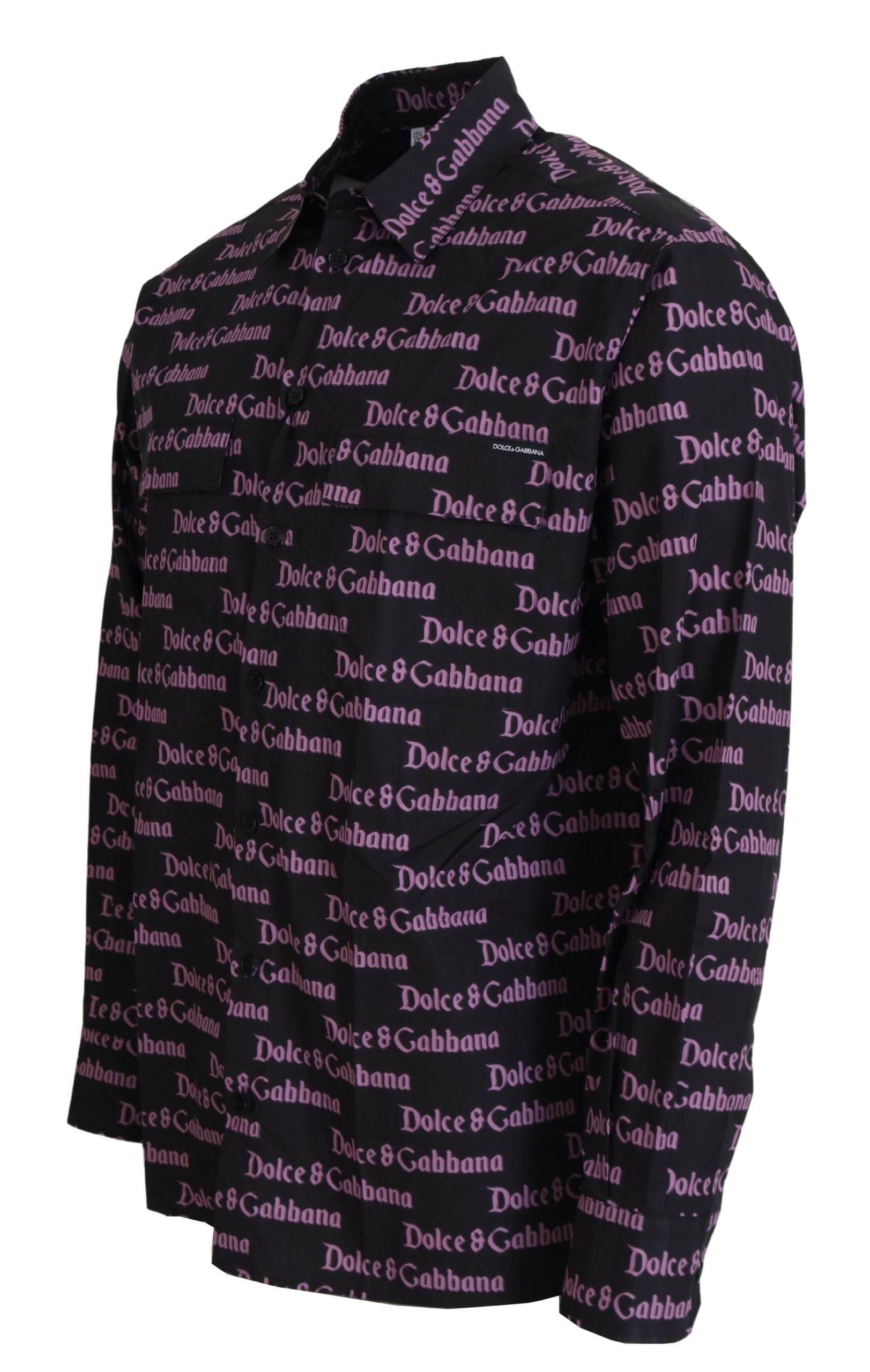 Dolce & Gabbana Black Purple Logo Slim Dress Formal Shirt - Hilstor