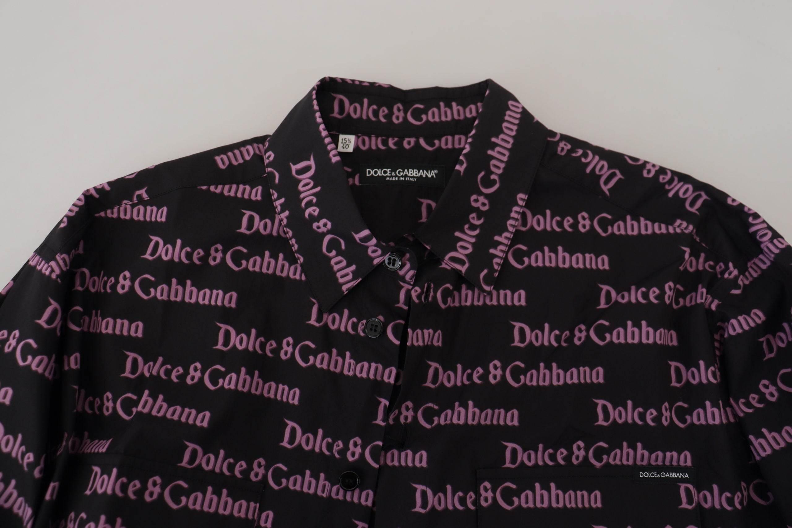 Dolce & Gabbana Black Purple Logo Slim Dress Formal Shirt - Hilstor