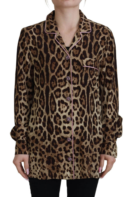 Dolce & Gabbana Brown Leopard Print Long Sleeves Blouse Top - Hilstor