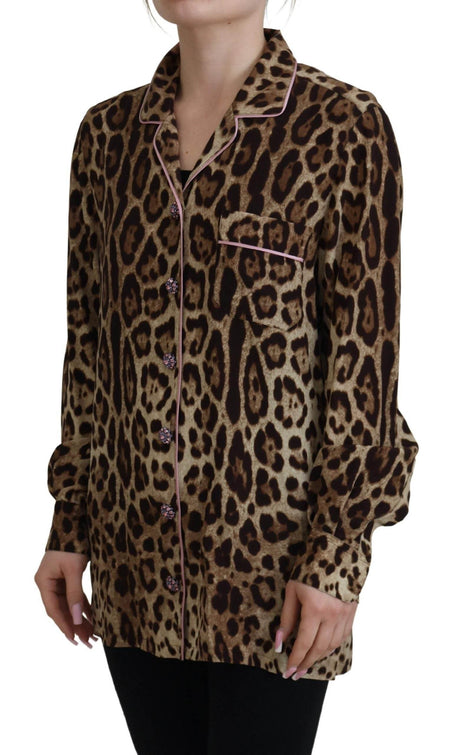 Dolce & Gabbana Brown Leopard Print Long Sleeves Blouse Top - Hilstor