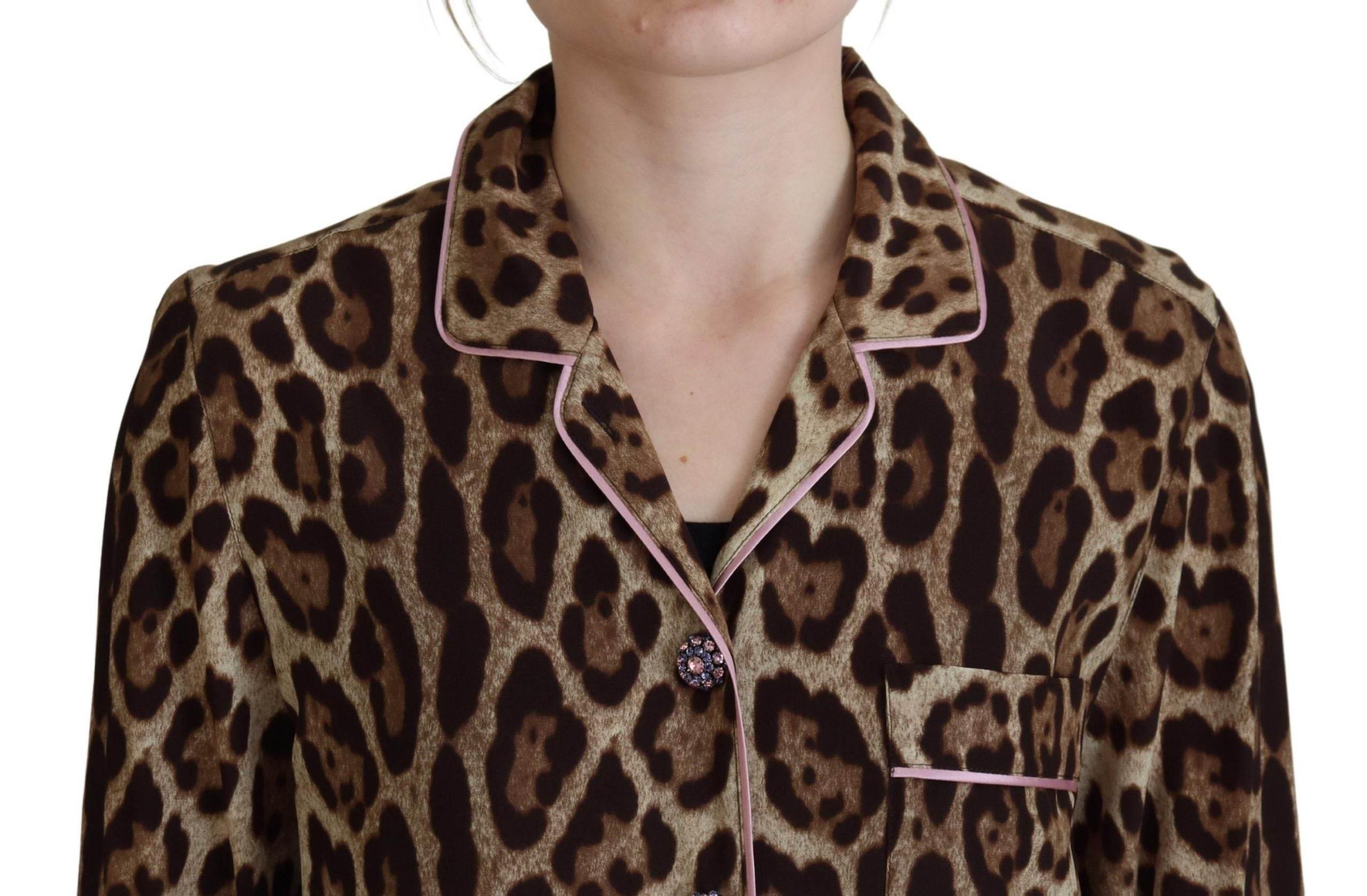 Dolce & Gabbana Brown Leopard Print Long Sleeves Blouse Top - Hilstor