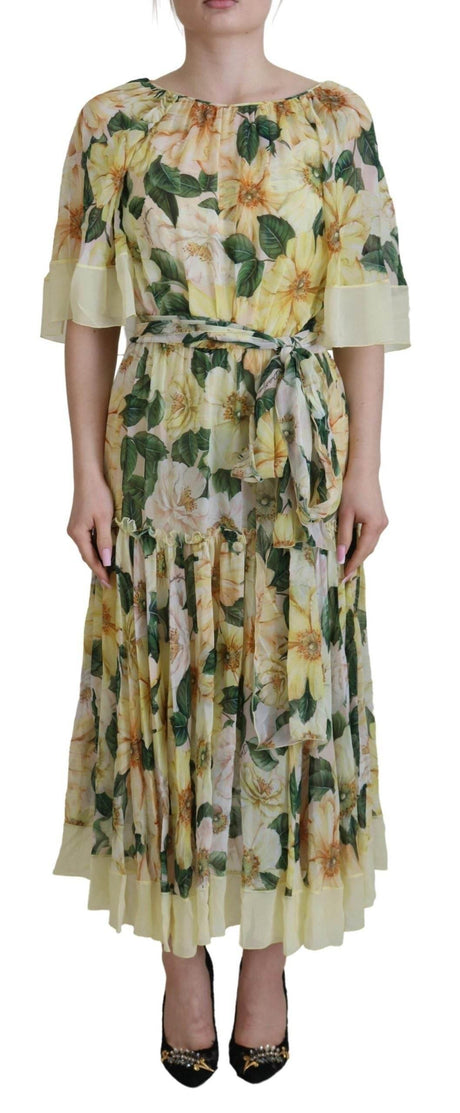 Dolce & Gabbana Yellow Floral Print Pleated Maxi Silk Dress - Hilstor