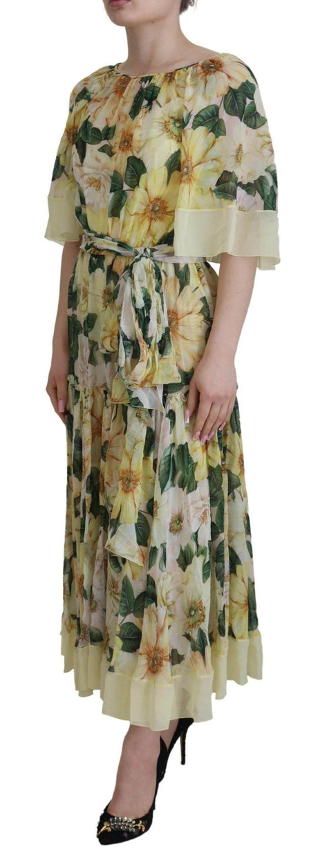 Dolce & Gabbana Yellow Floral Print Pleated Maxi Silk Dress - Hilstor