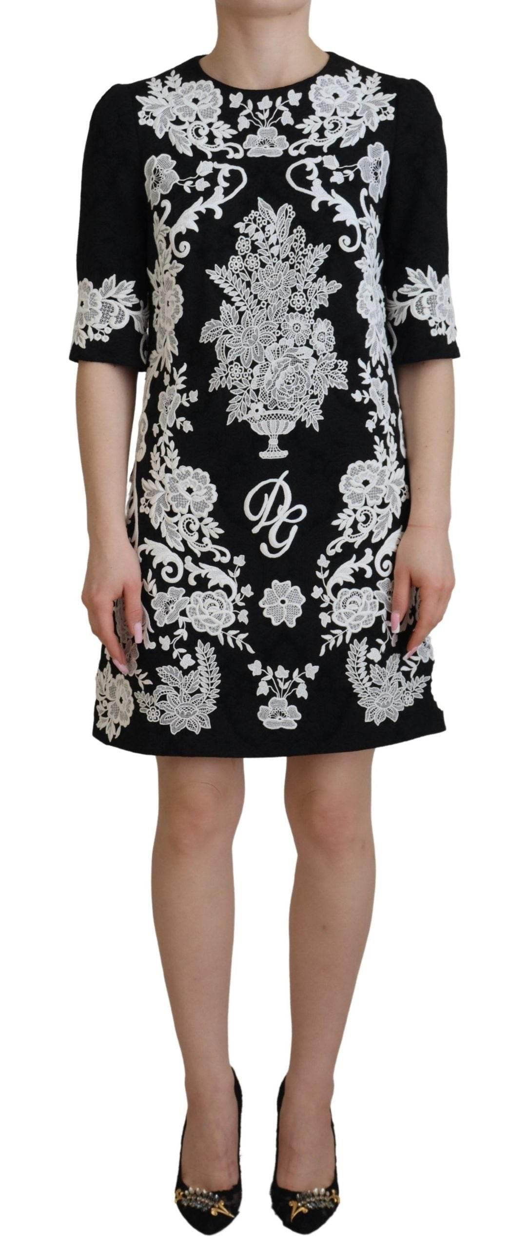 Dolce & Gabbana Black Lace Trim Half Sleeves A-line Dress - Hilstor