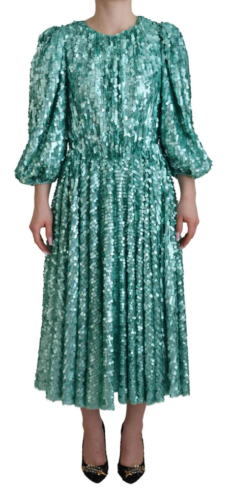 Dolce & Gabbana Blue Sequined Pleated Aline Midi Nylon Dress - Hilstor