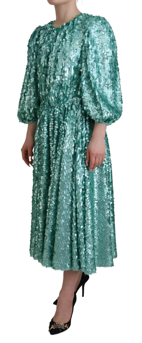 Dolce & Gabbana Blue Sequined Pleated Aline Midi Nylon Dress - Hilstor
