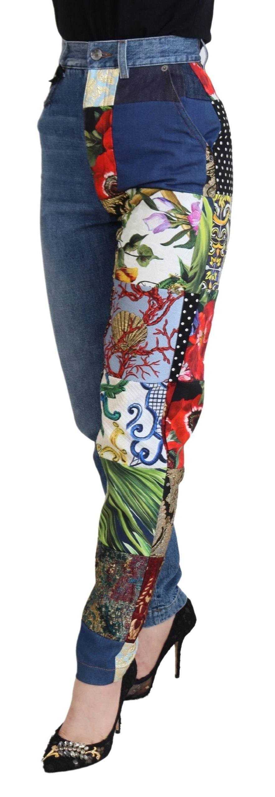 Dolce & Gabbana Blue Jacquard Majolica High Waist Jeans - Hilstor