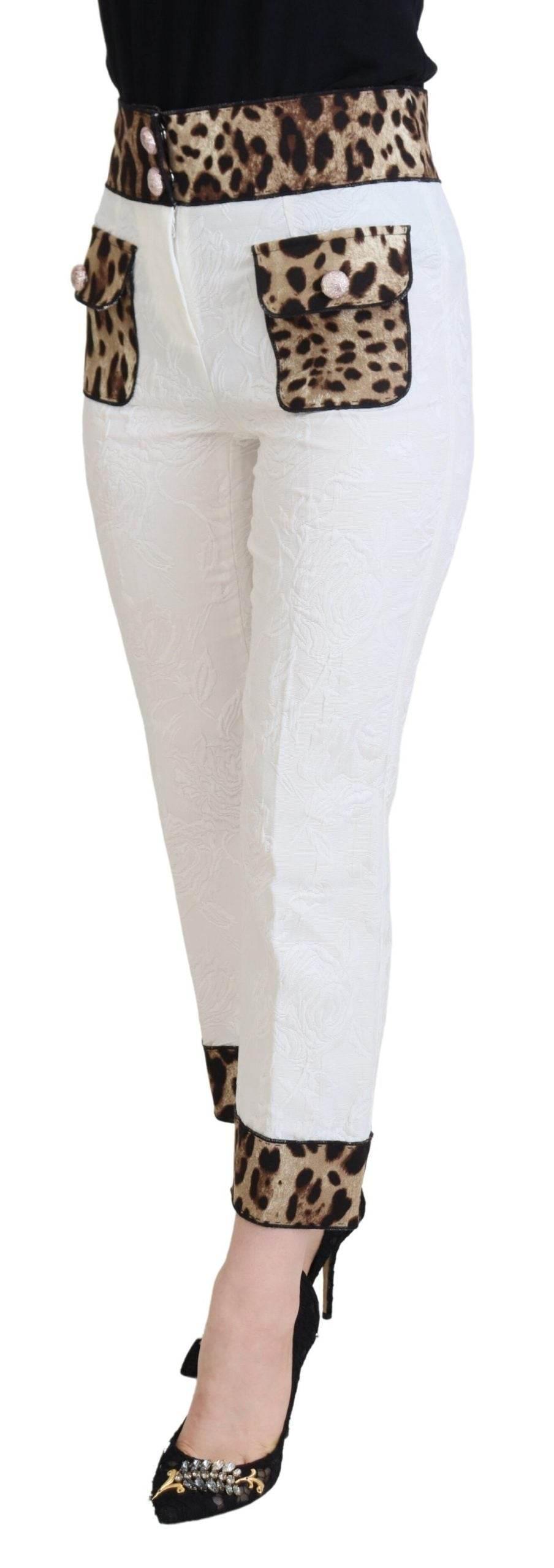 Dolce & Gabbana White Leopard Print High Waist Pants - Hilstor
