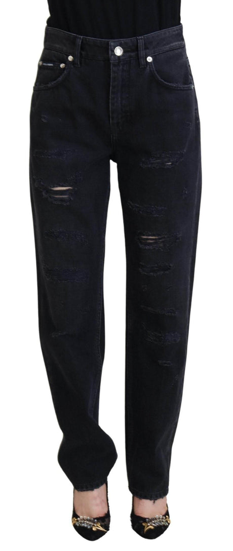 Dolce & Gabbana Black Cotton Tattered High Waist Denim Jeans - Hilstor