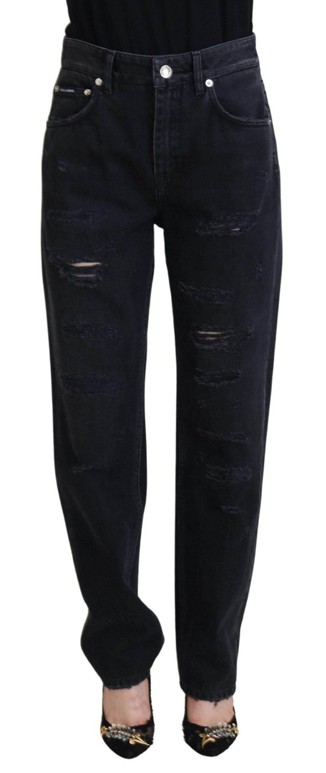 Dolce & Gabbana Black Cotton Tattered High Waist Denim Jeans - Hilstor