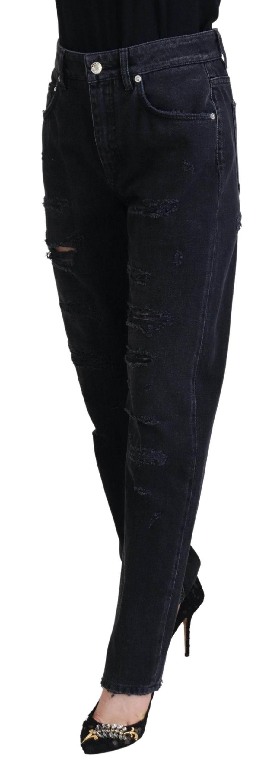 Dolce & Gabbana Black Cotton Tattered High Waist Denim Jeans - Hilstor