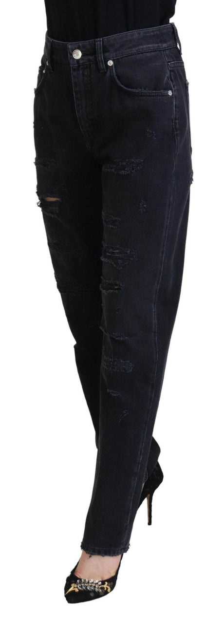 Dolce & Gabbana Black Cotton Tattered High Waist Denim Jeans - Hilstor