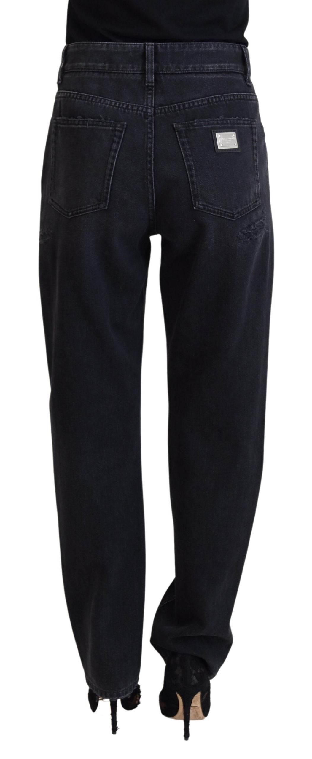 Dolce & Gabbana Black Cotton Tattered High Waist Denim Jeans - Hilstor