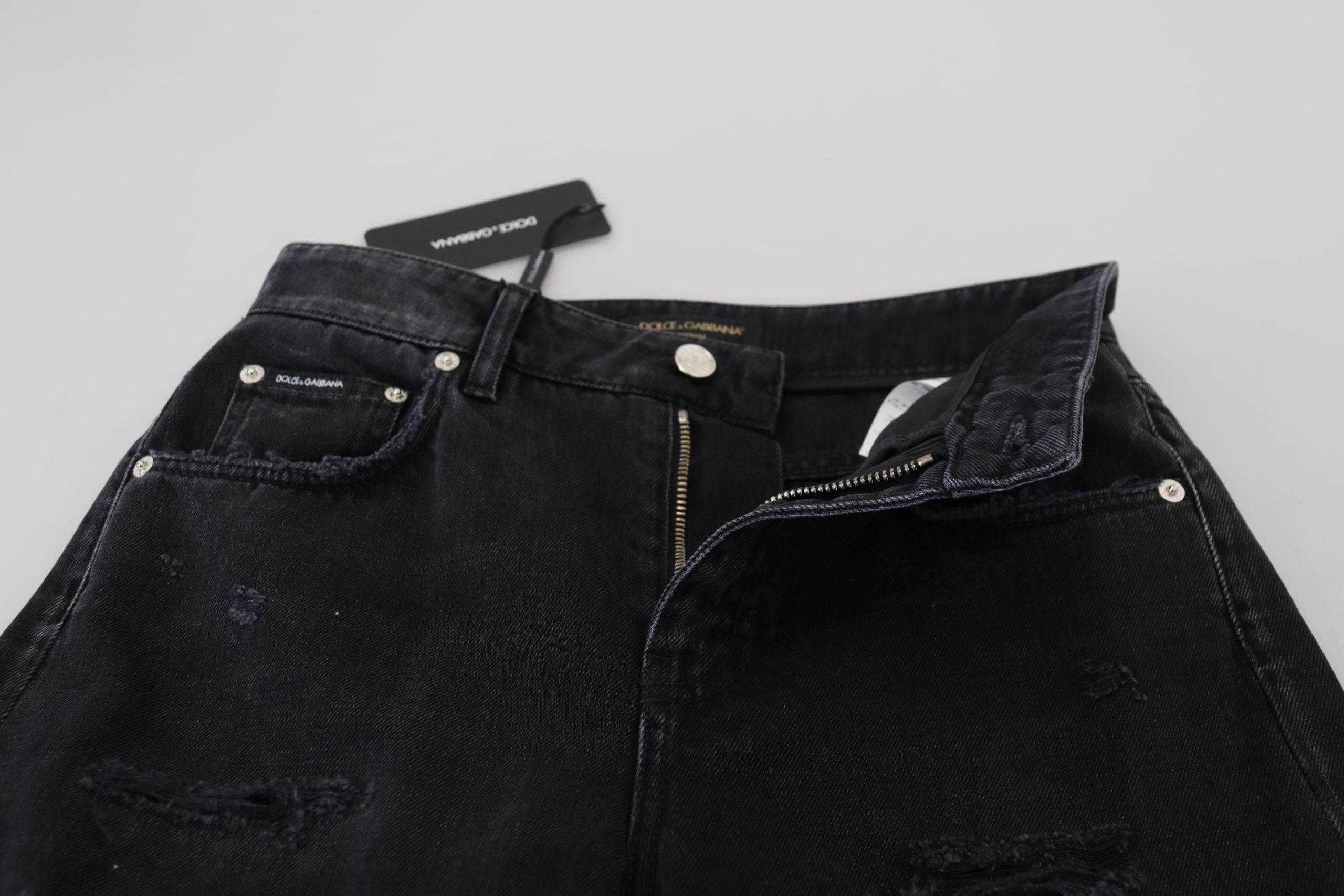 Dolce & Gabbana Black Cotton Tattered High Waist Denim Jeans - Hilstor