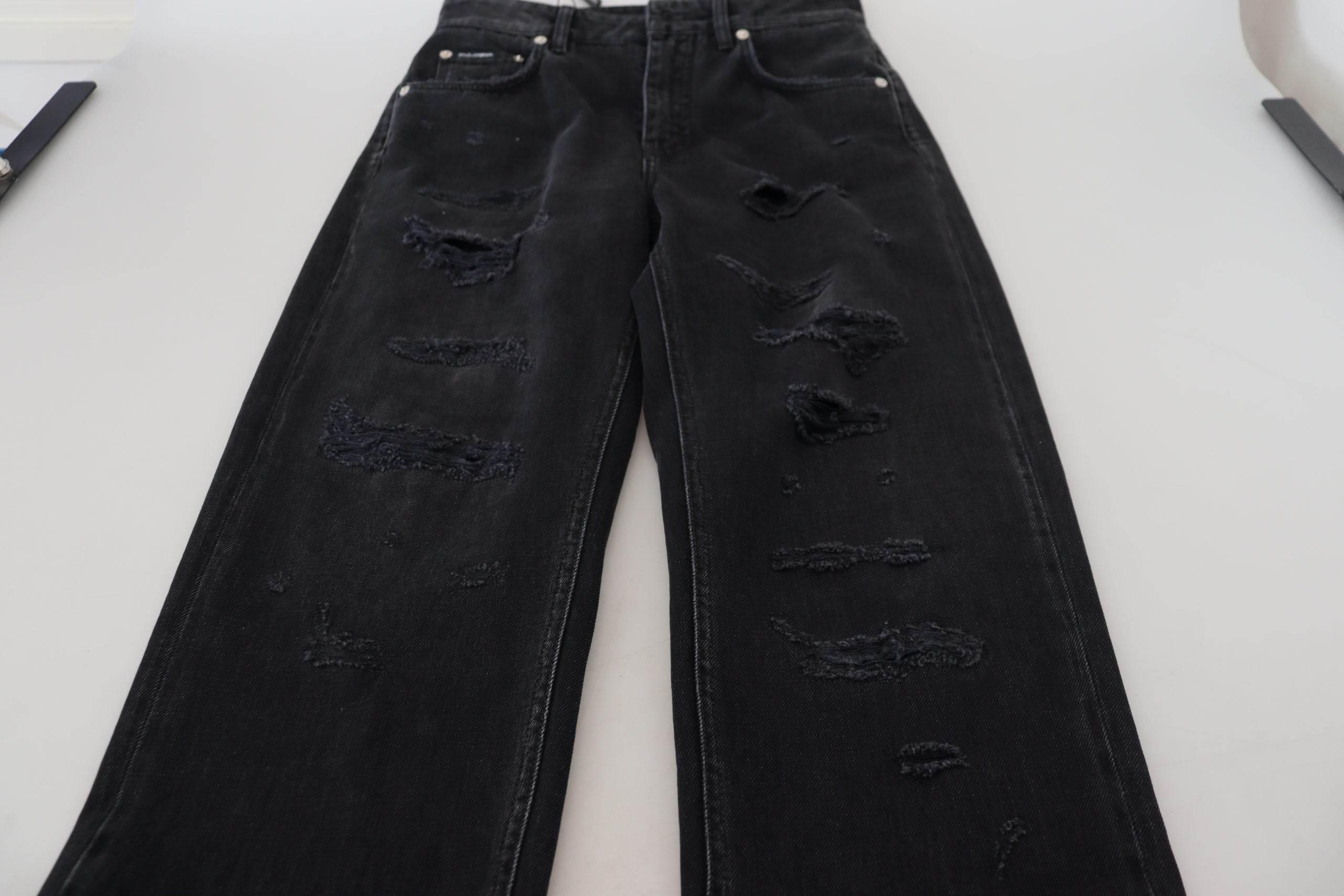 Dolce & Gabbana Black Cotton Tattered High Waist Denim Jeans - Hilstor