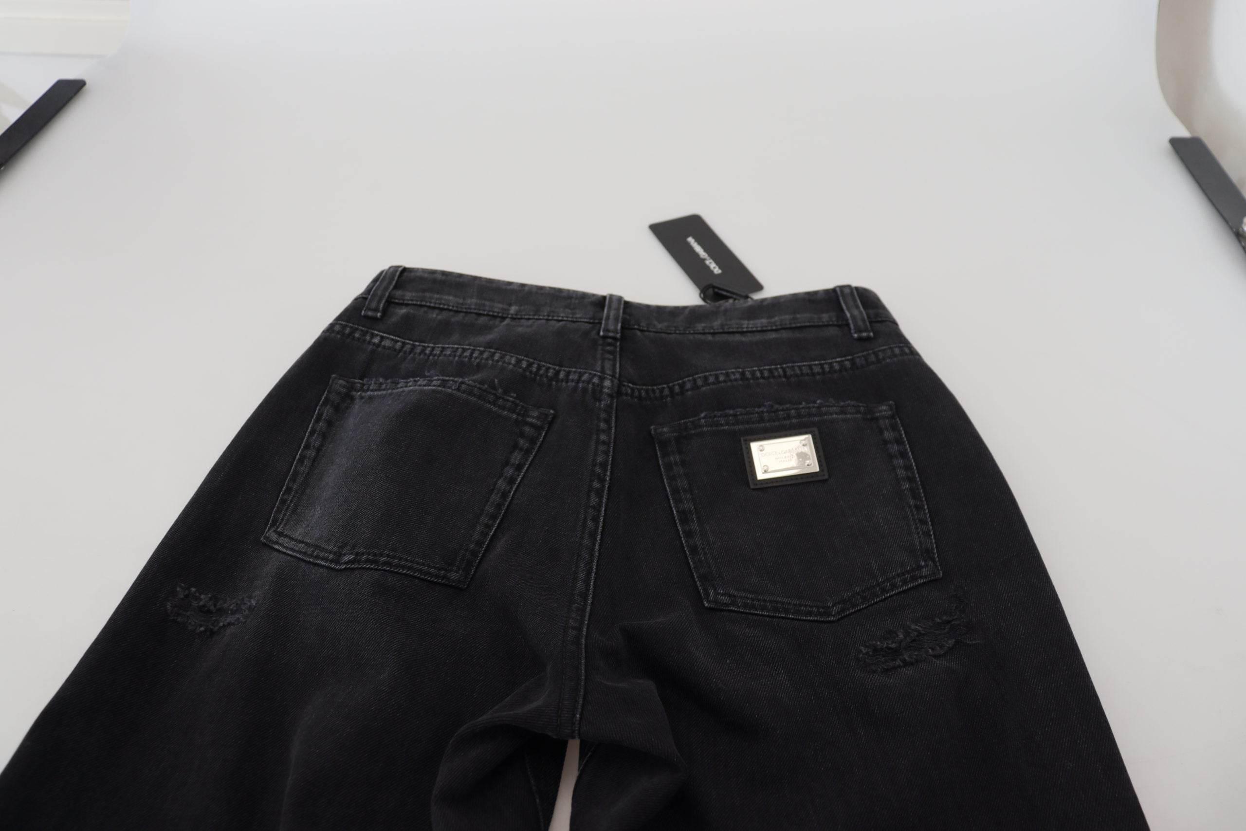 Dolce & Gabbana Black Cotton Tattered High Waist Denim Jeans - Hilstor