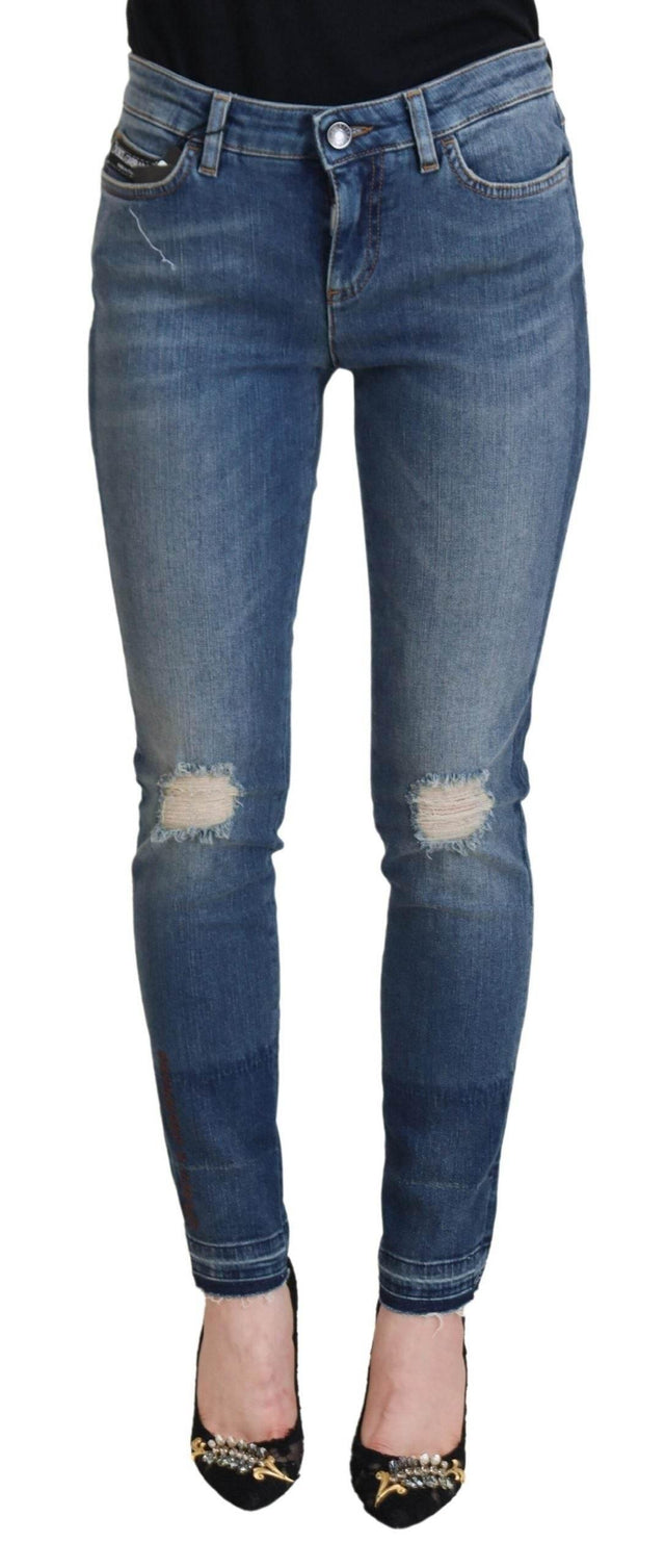 Dolce & Gabbana Blue Washed Cotton Tattered Denim Jeans - Hilstor