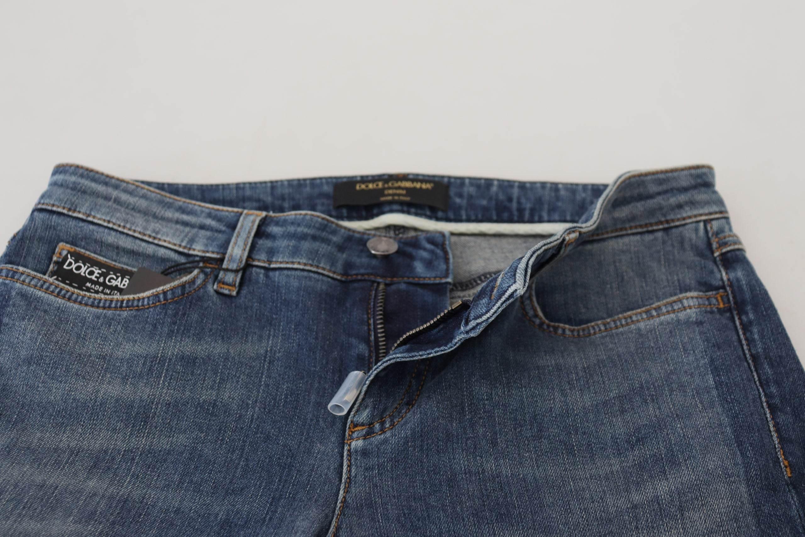 Dolce & Gabbana Blue Washed Cotton Tattered Denim Jeans - Hilstor