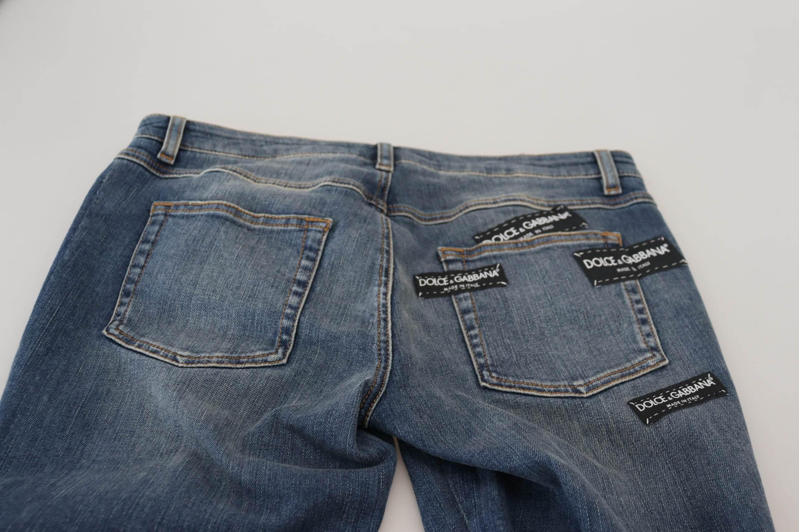 Dolce & Gabbana Blue Washed Cotton Tattered Denim Jeans - Hilstor