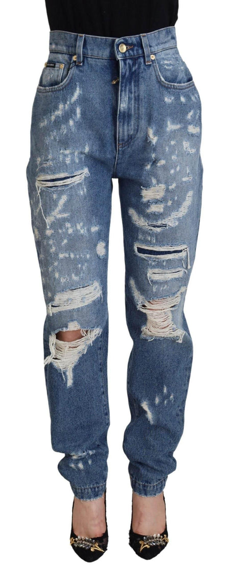 Dolce & Gabbana Blue Washed Cotton Tattered Denim Jeans - Hilstor
