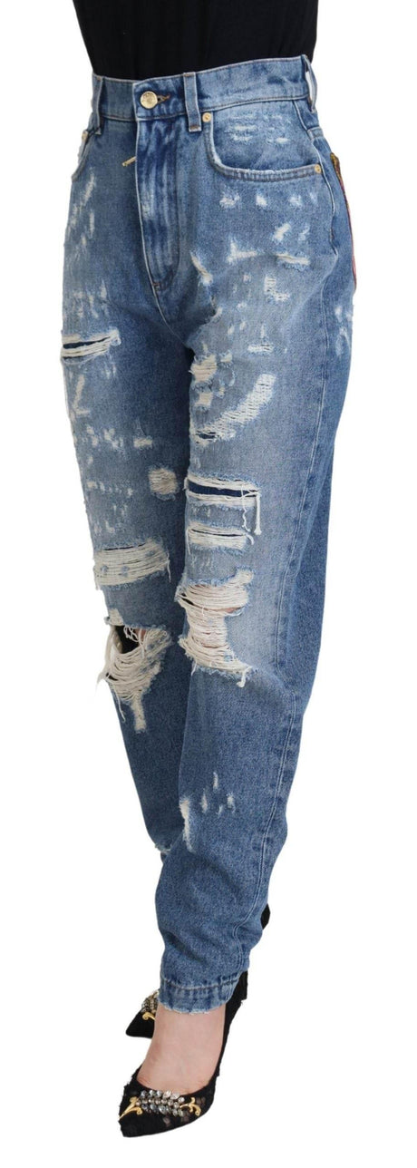 Dolce & Gabbana Blue Washed Cotton Tattered Denim Jeans - Hilstor