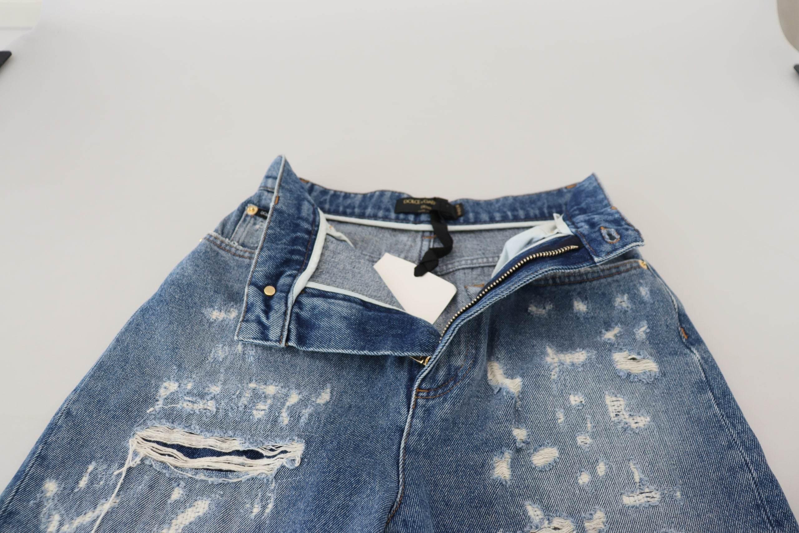 Dolce & Gabbana Blue Washed Cotton Tattered Denim Jeans - Hilstor