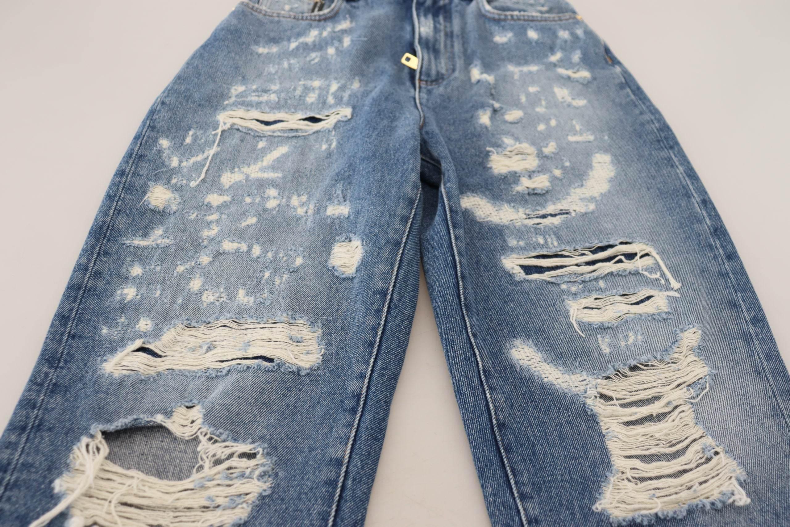 Dolce & Gabbana Blue Washed Cotton Tattered Denim Jeans - Hilstor