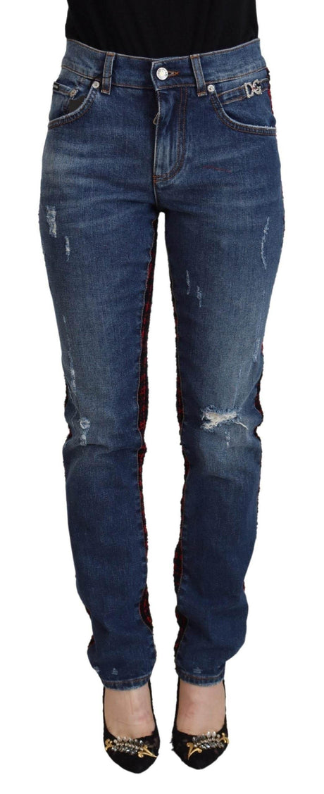 Dolce & Gabbana Blue Checkered Back Skinny Denim Jeans - Hilstor