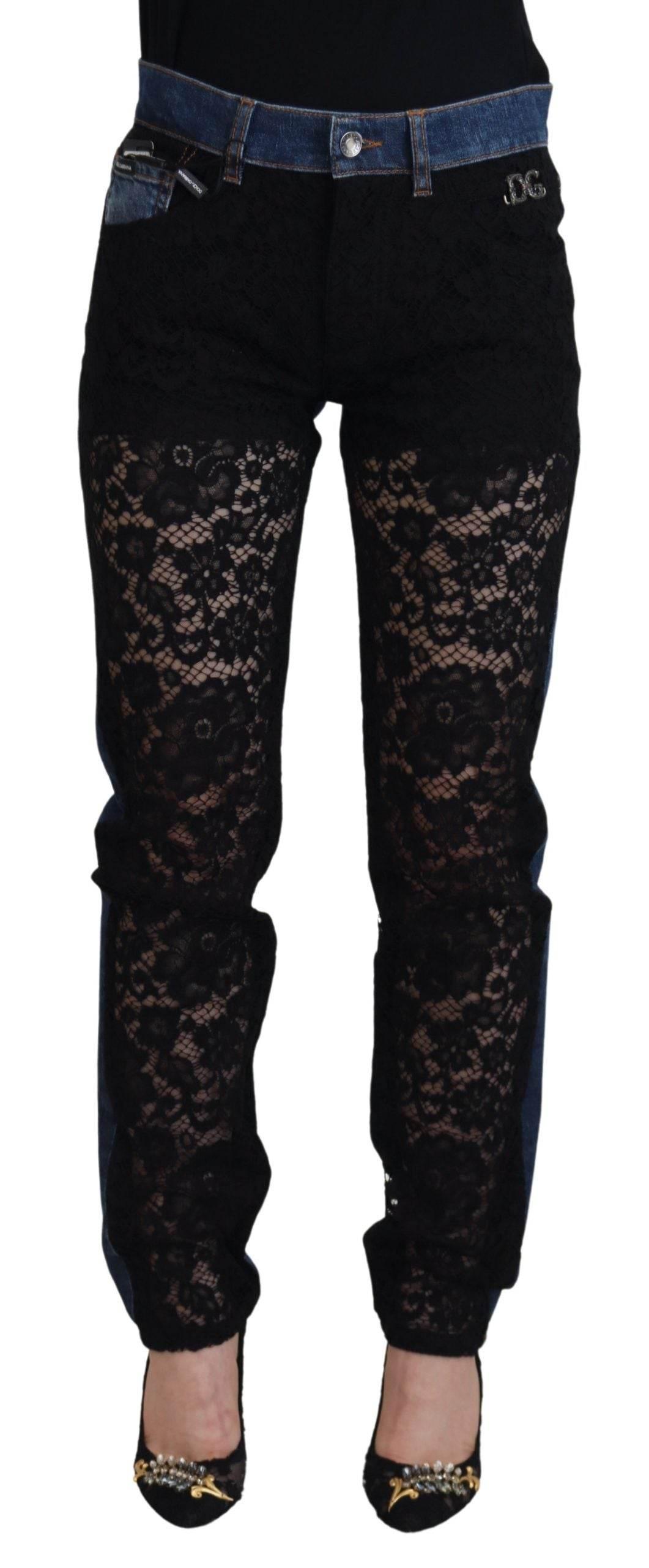 Dolce & Gabbana Black Floral Lace Front Skinny Denim Jeans - Hilstor