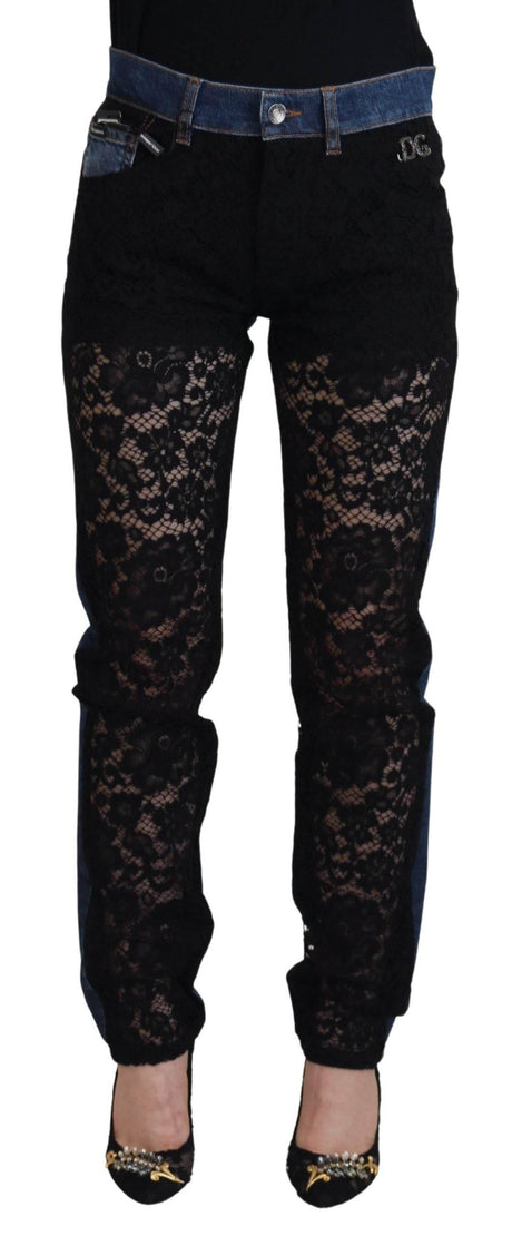 Dolce & Gabbana Black Floral Lace Front Skinny Denim Jeans - Hilstor