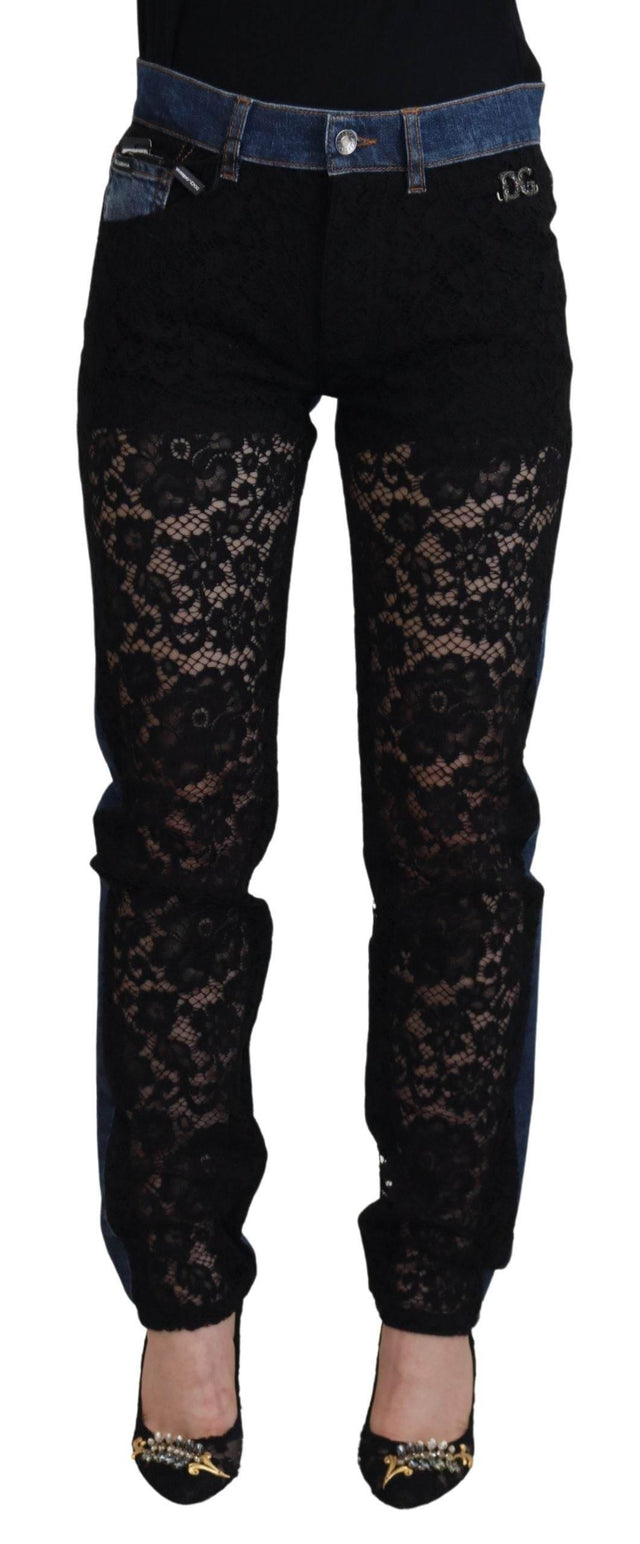 Dolce & Gabbana Black Floral Lace Front Skinny Denim Jeans - Hilstor