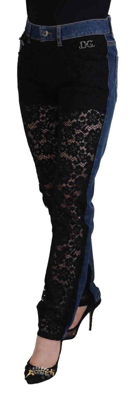 Dolce & Gabbana Black Floral Lace Front Skinny Denim Jeans - Hilstor