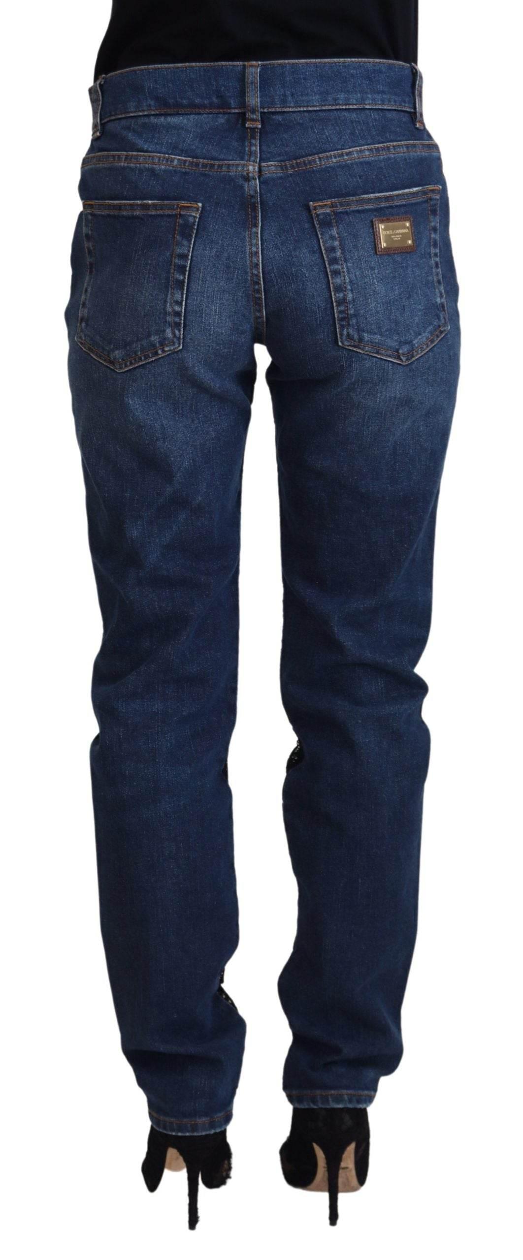 Dolce & Gabbana Black Floral Lace Front Skinny Denim Jeans - Hilstor