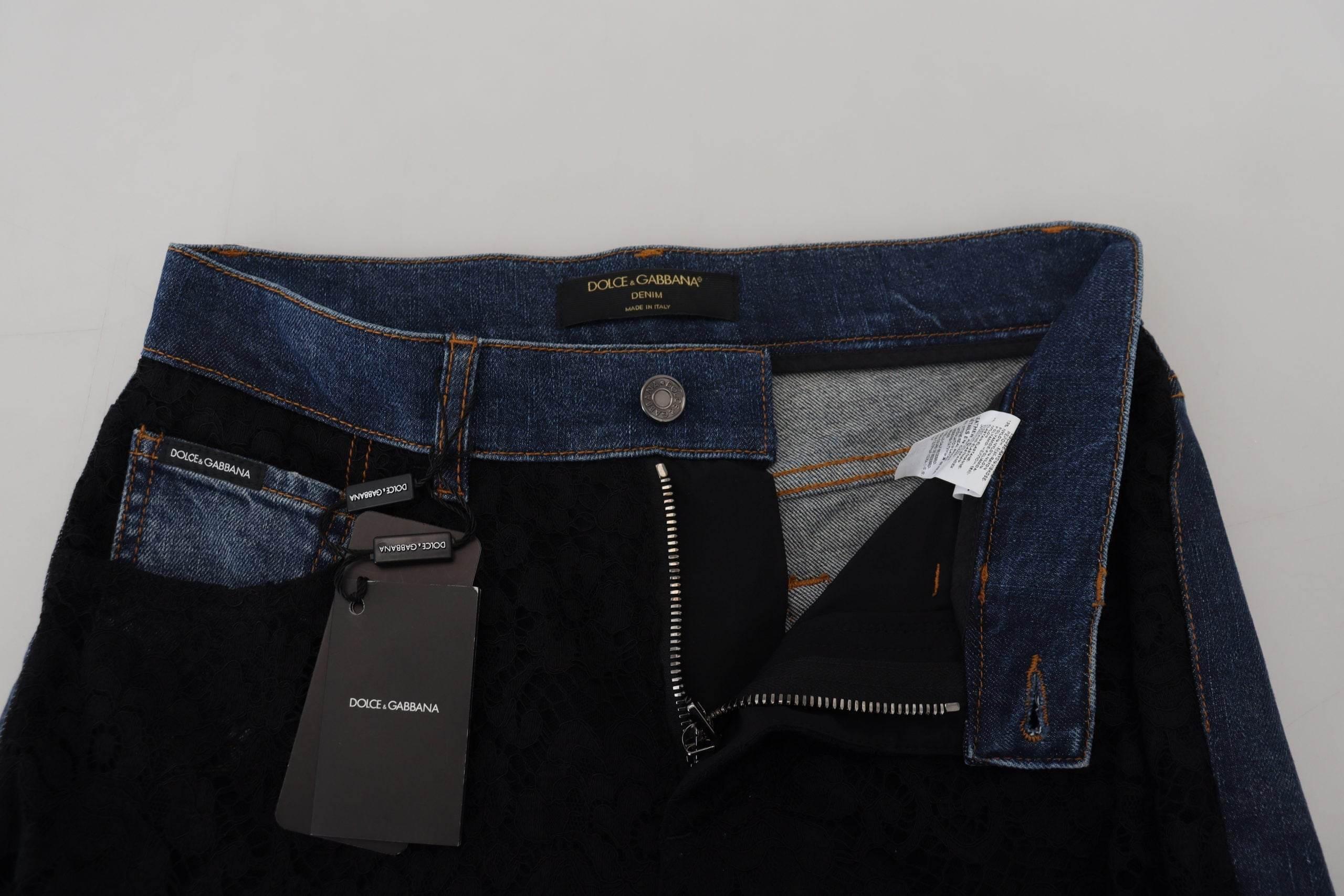 Dolce & Gabbana Black Floral Lace Front Skinny Denim Jeans - Hilstor