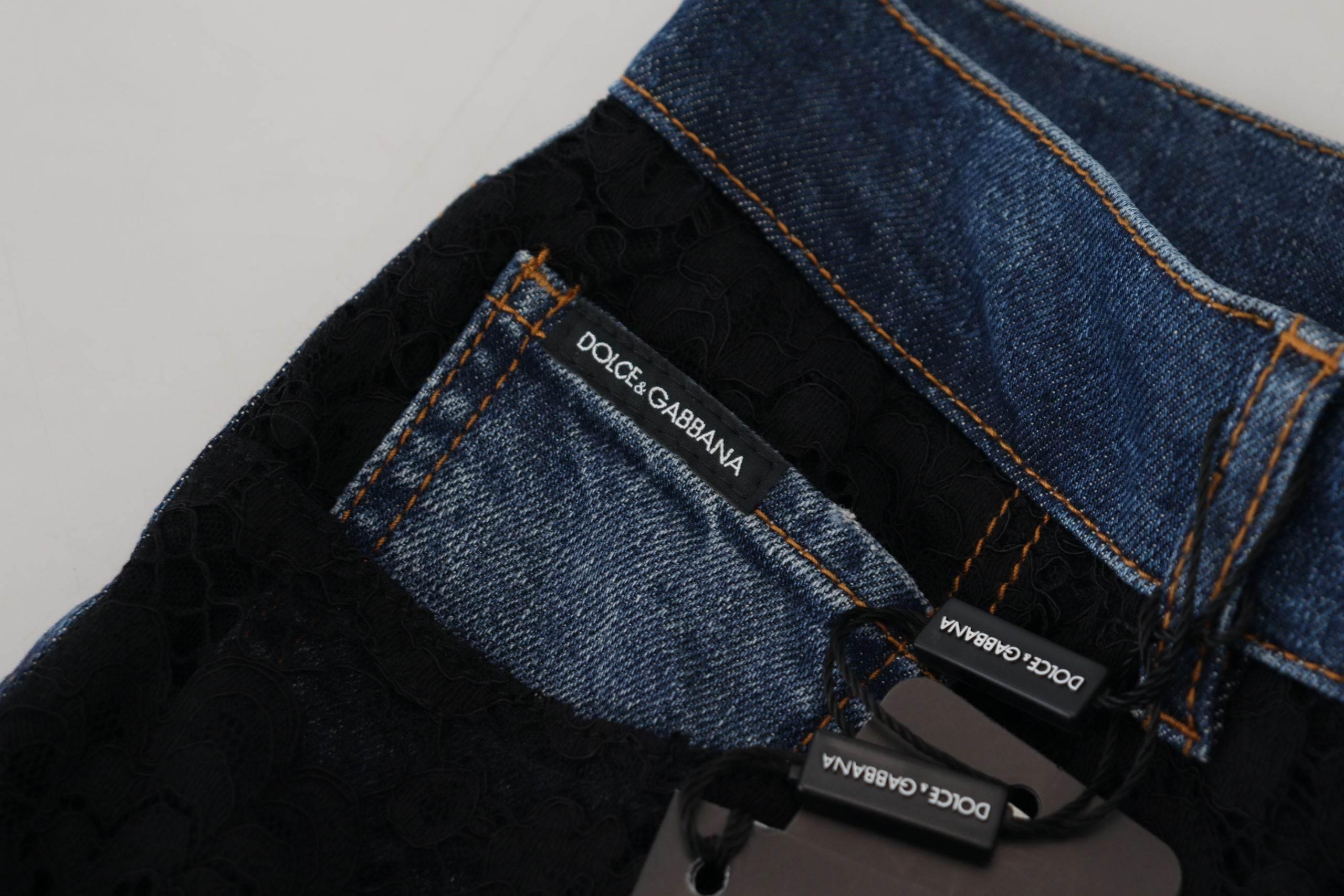 Dolce & Gabbana Black Floral Lace Front Skinny Denim Jeans - Hilstor