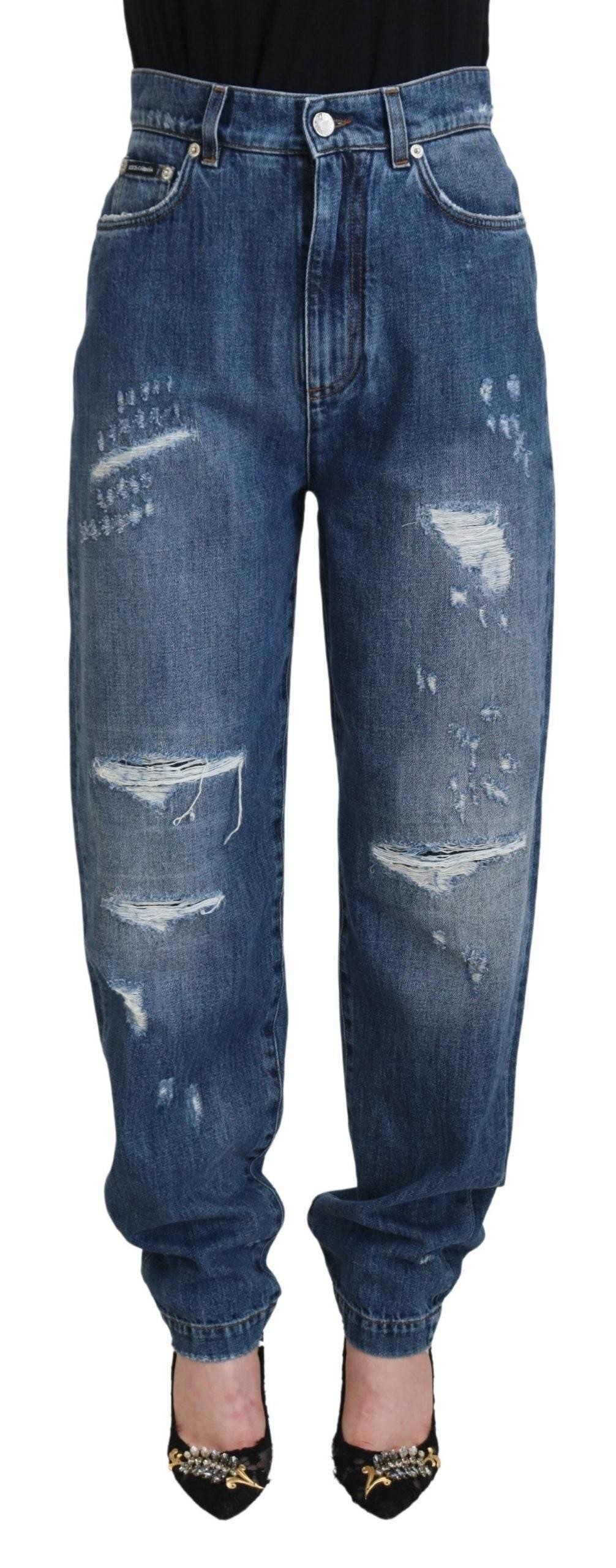 Dolce & Gabbana Blue Washed Cotton Tattered Denim Jeans - Hilstor