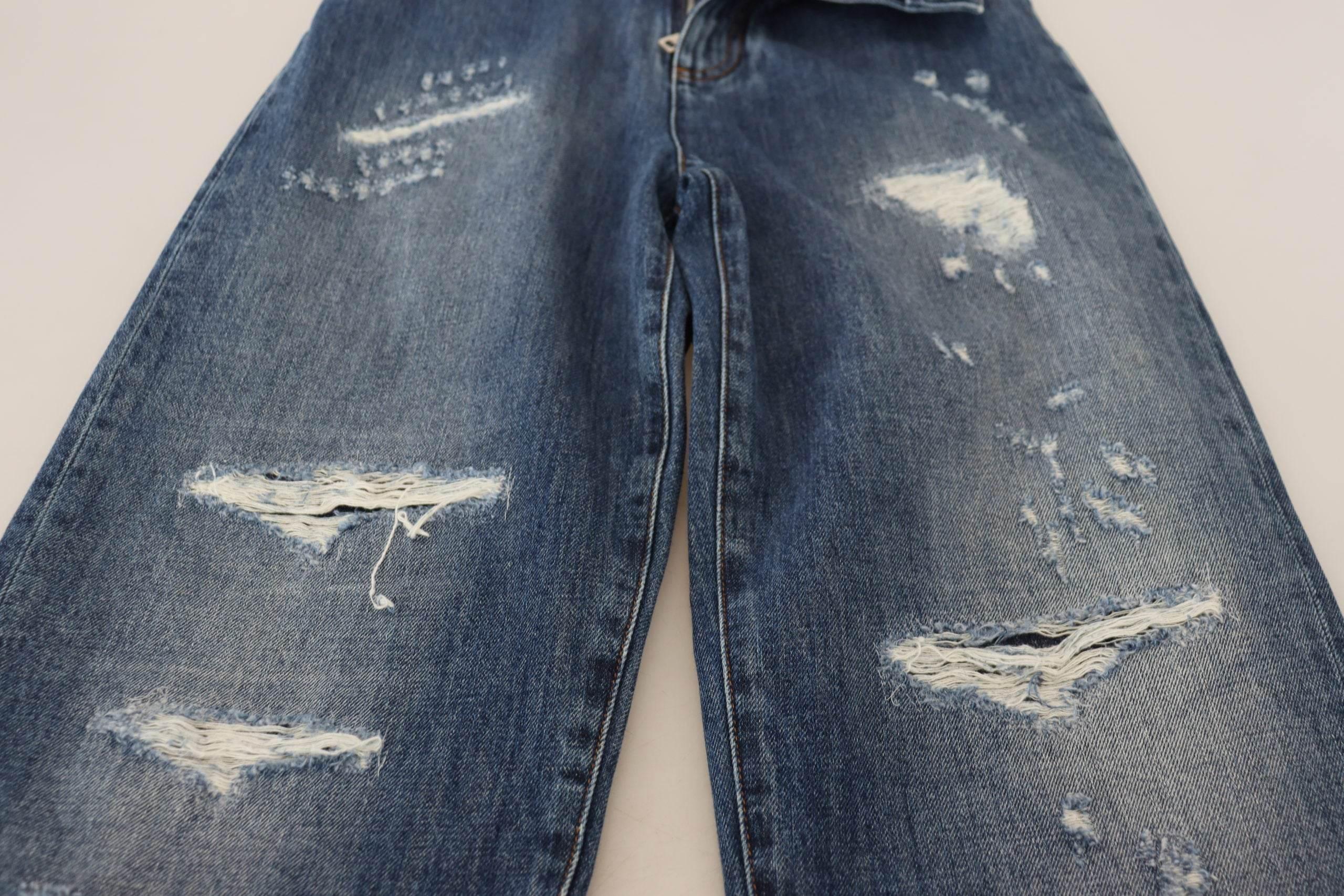 Dolce & Gabbana Blue Washed Cotton Tattered Denim Jeans - Hilstor