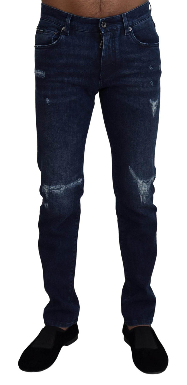 Dolce & Gabbana Blue Cotton Skinny Tattered Denim Jeans - Hilstor