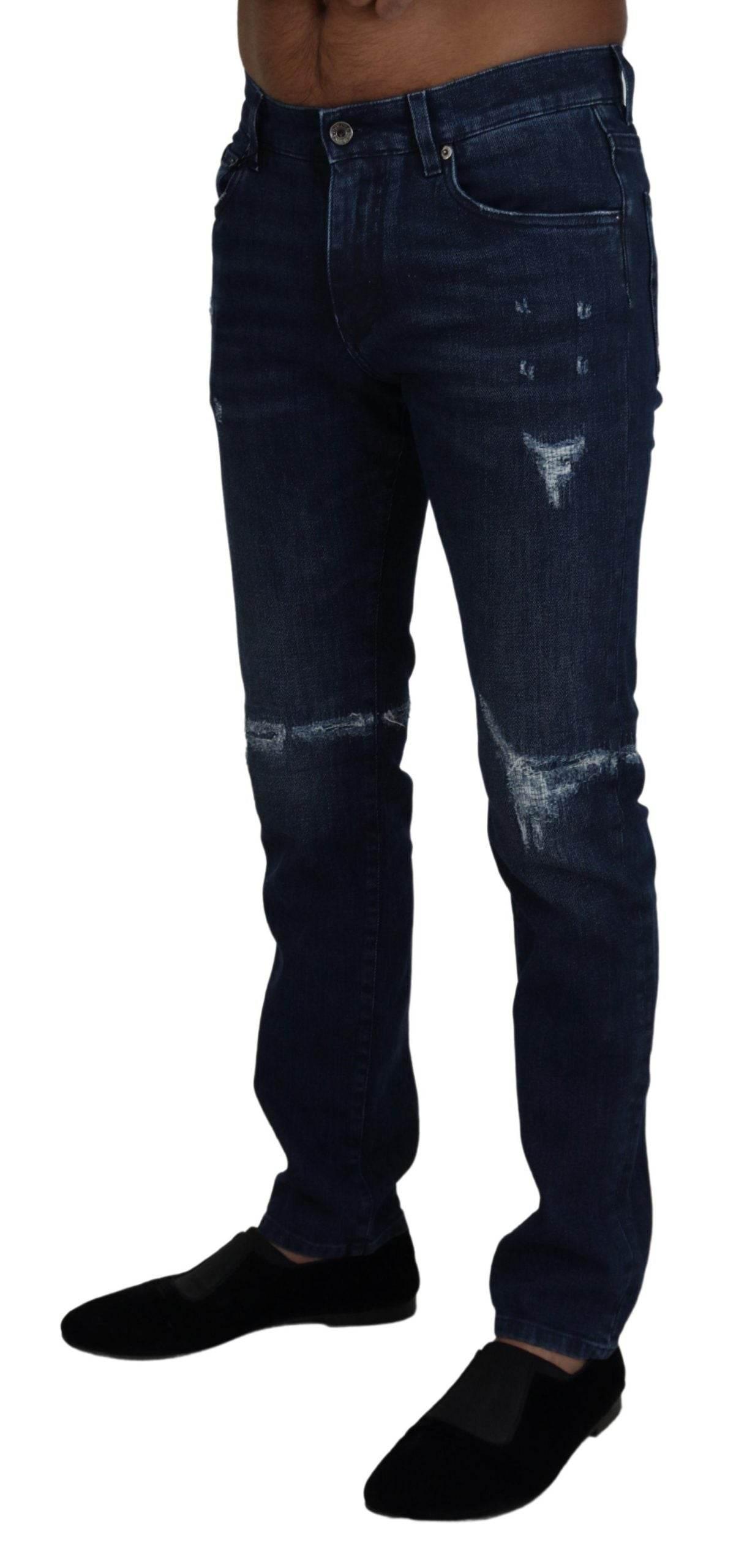 Dolce & Gabbana Blue Cotton Skinny Tattered Denim Jeans - Hilstor