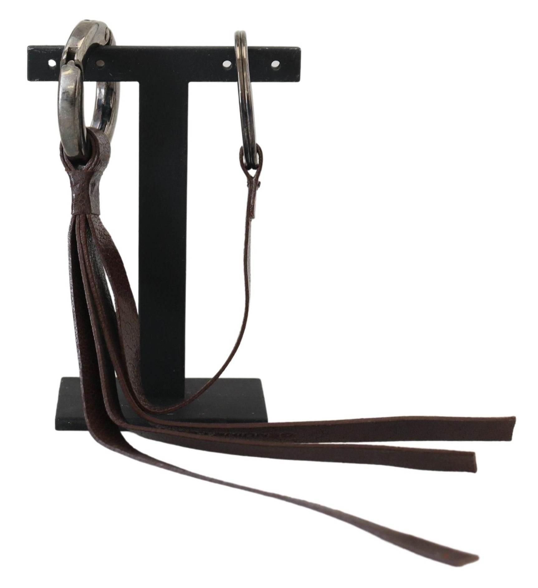 Costume National Brown Leather Silver Tone Metal Keyring Keychain - Hilstor