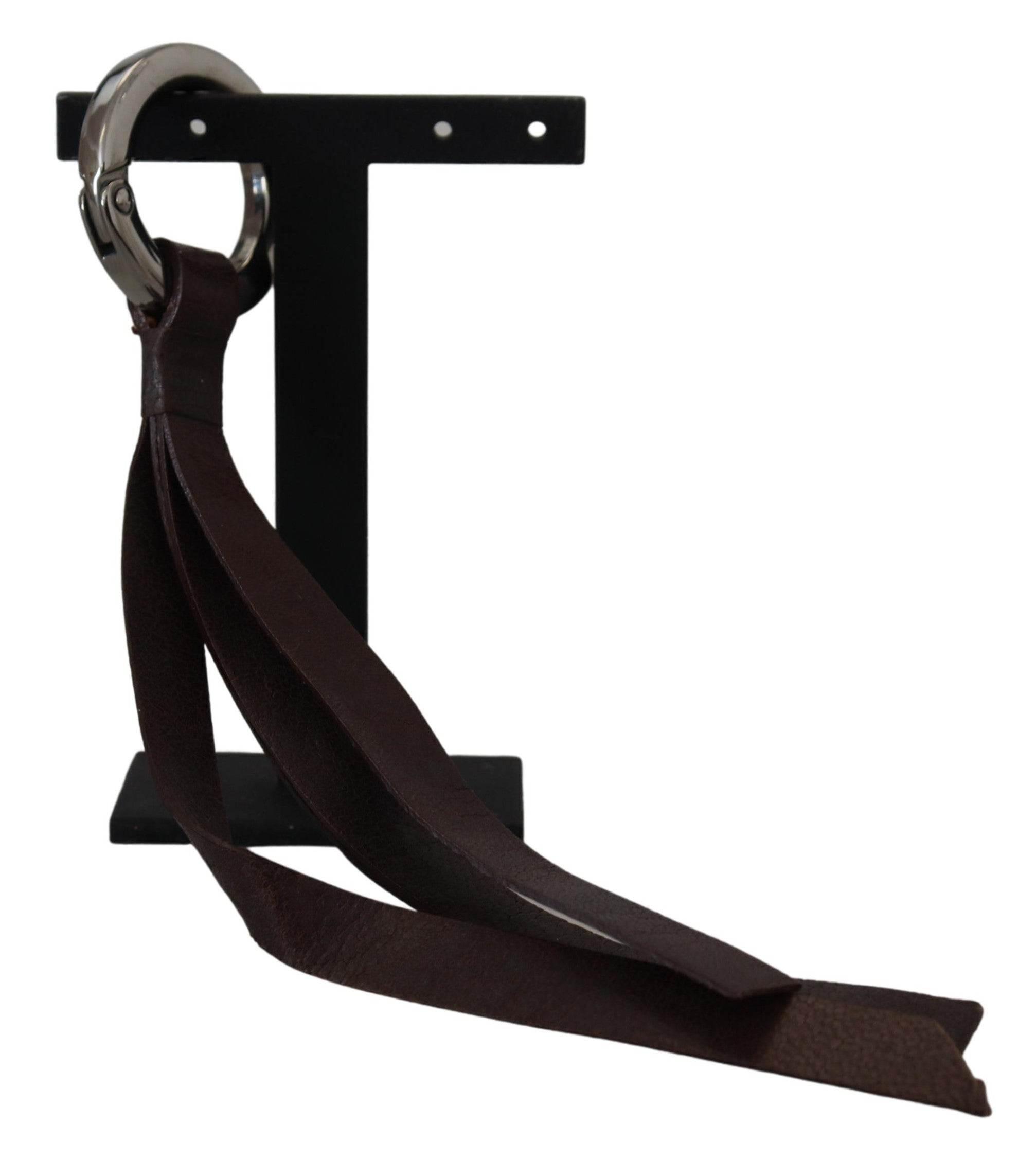 Costume National Brown Leather Silver Tone Metal Keyring Keychain - Hilstor