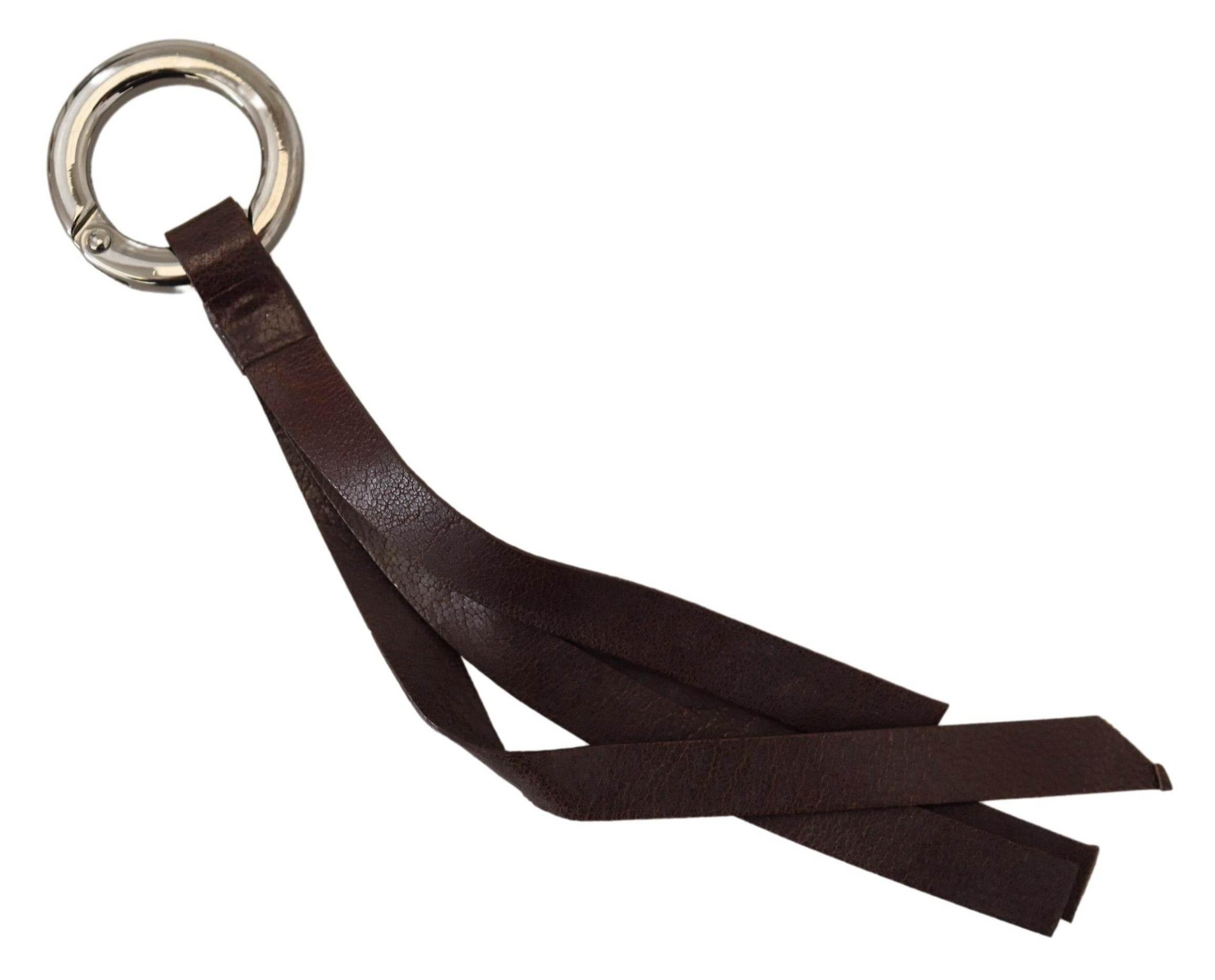Costume National Brown Leather Silver Tone Metal Keyring Keychain - Hilstor
