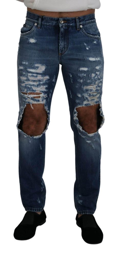 Dolce & Gabbana Blue Cotton Tattered Men Denim Jeans - Hilstor