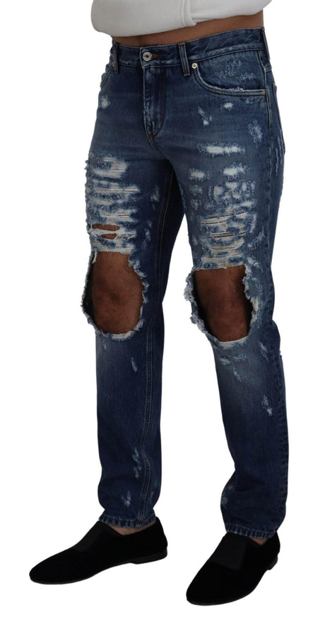 Dolce & Gabbana Blue Cotton Tattered Men Denim Jeans - Hilstor