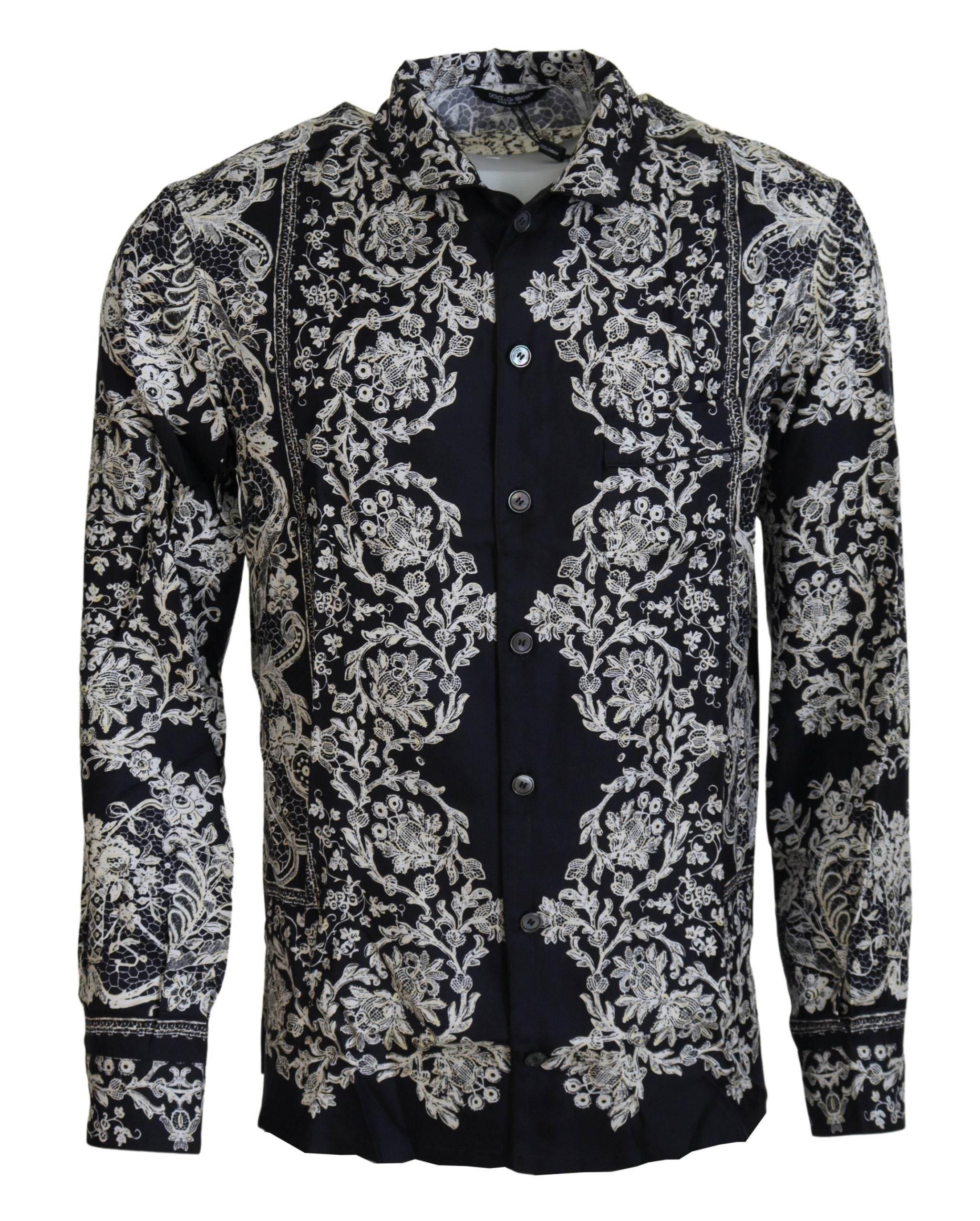Dolce & Gabbana Blue Silk Floral Baroque Satin Casual Shirt - Hilstor
