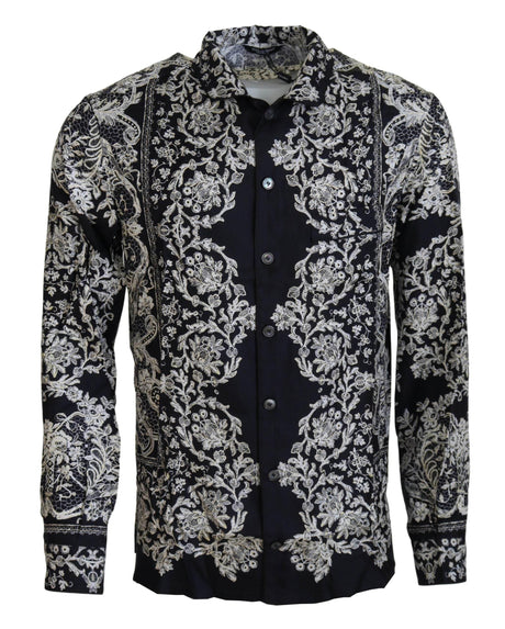 Dolce & Gabbana Blue Silk Floral Baroque Satin Casual Shirt - Hilstor