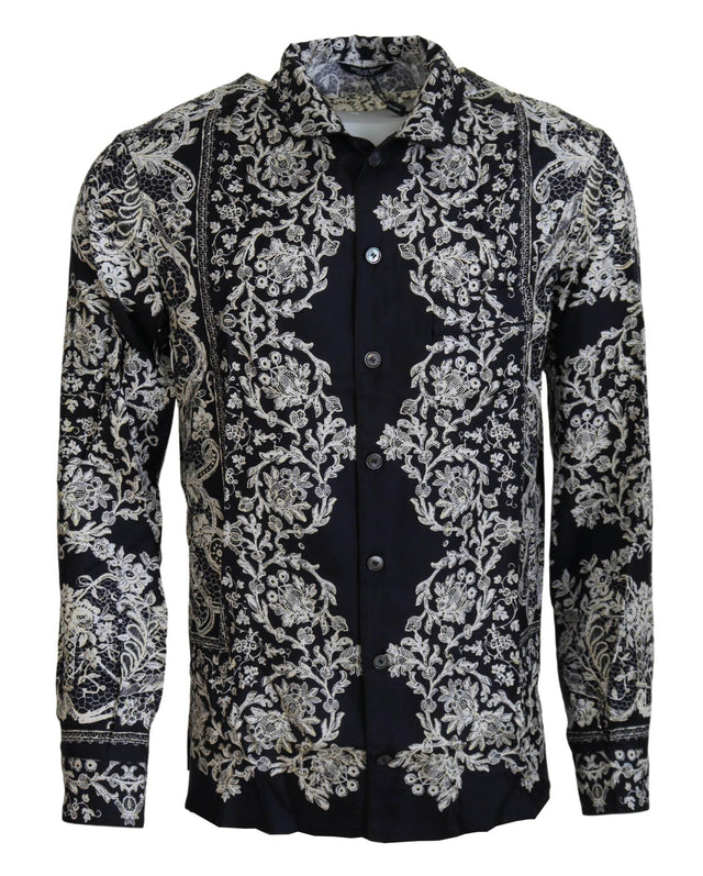 Dolce & Gabbana Blue Silk Floral Baroque Satin Casual Shirt - Hilstor