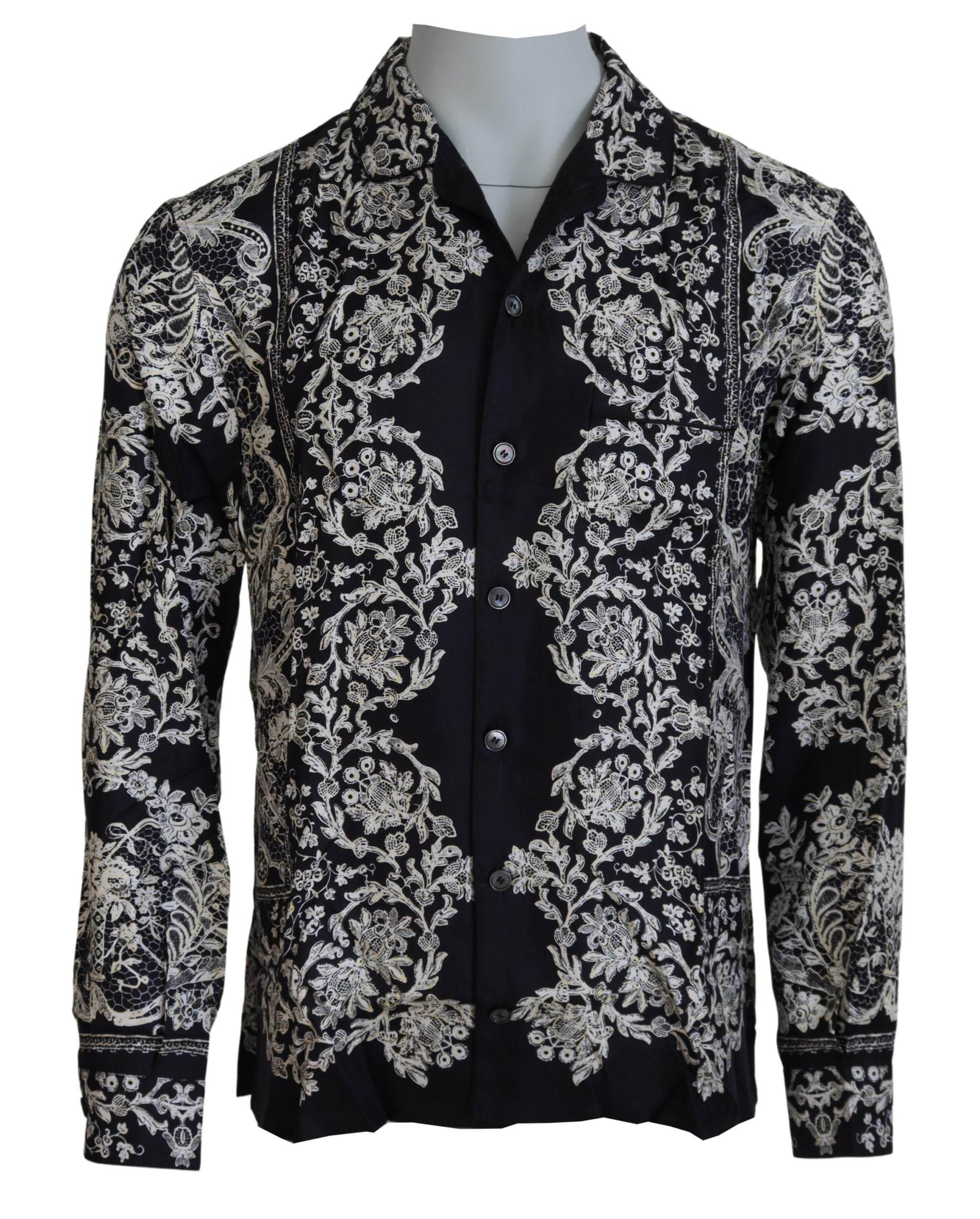 Dolce & Gabbana Blue Silk Floral Baroque Satin Casual Shirt - Hilstor