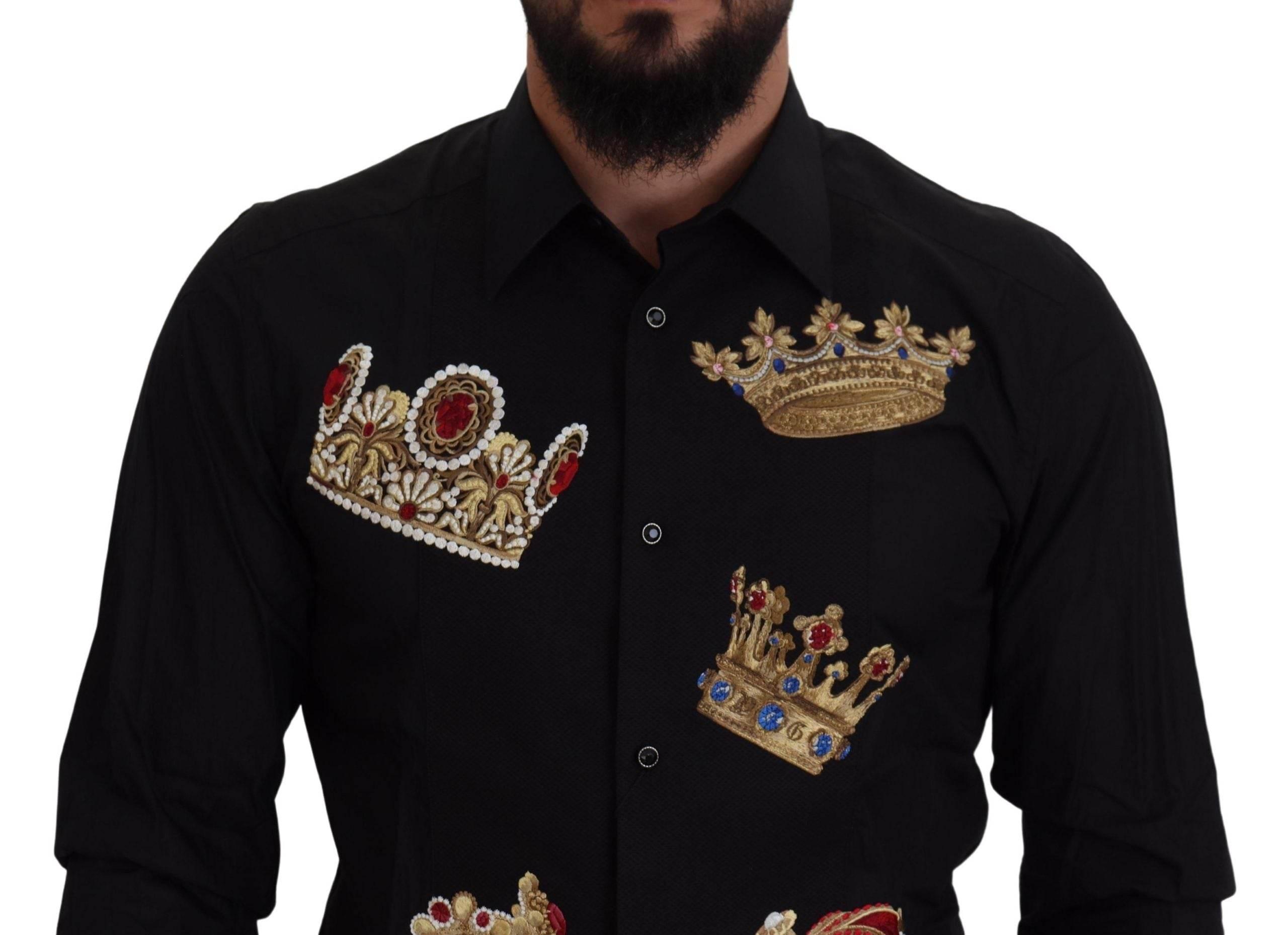 Dolce & Gabbana Black Gold Crown Slim Fit Dress Formal Shirt - Hilstor